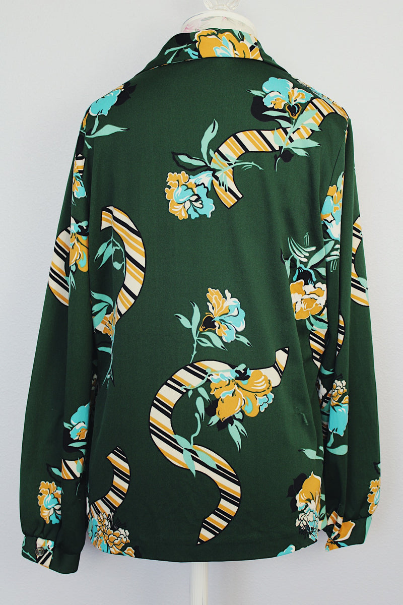 long sleeve forest green printed button up blouse with collar vintage 1970's polyester