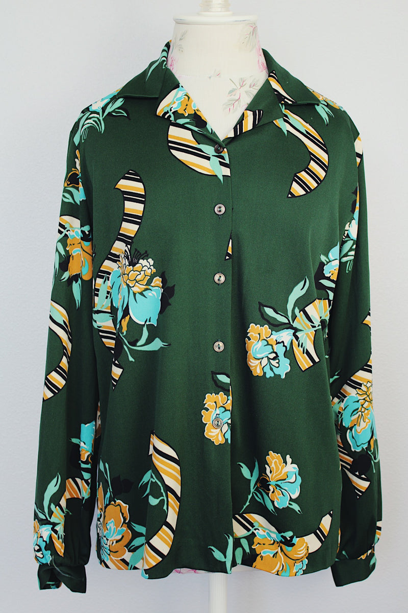 long sleeve forest green printed button up blouse with collar vintage 1970's polyester