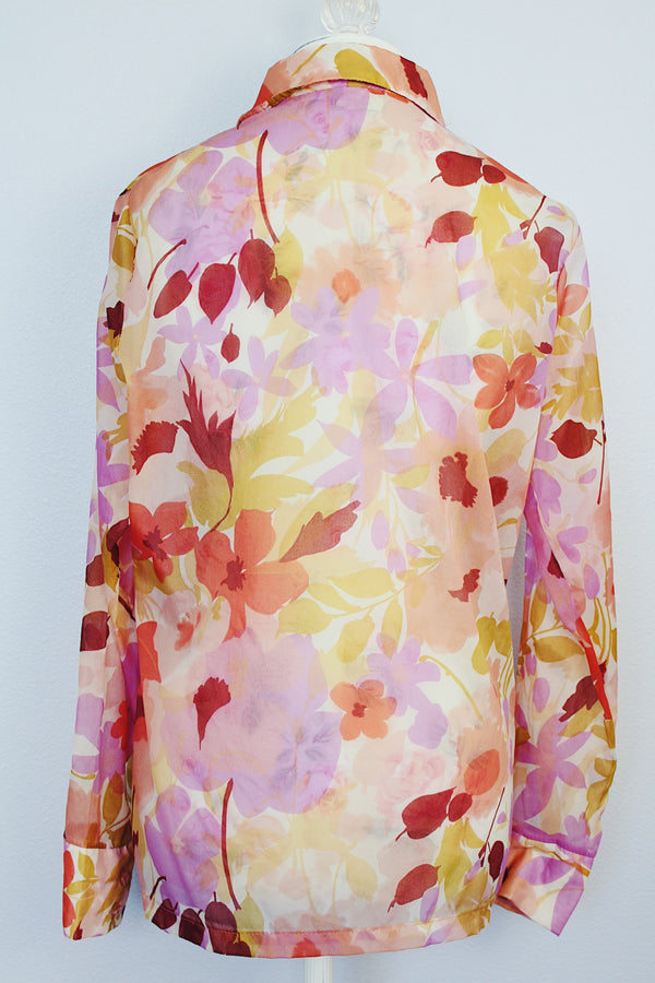 long sleeve button up sheer floral print blouse with collar vintage 1970's