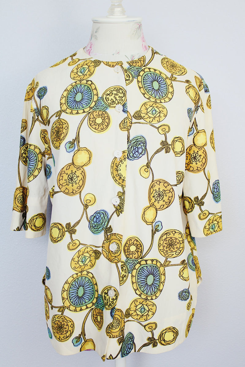 short sleeve printed button up blouse in cream vintage 1960's
