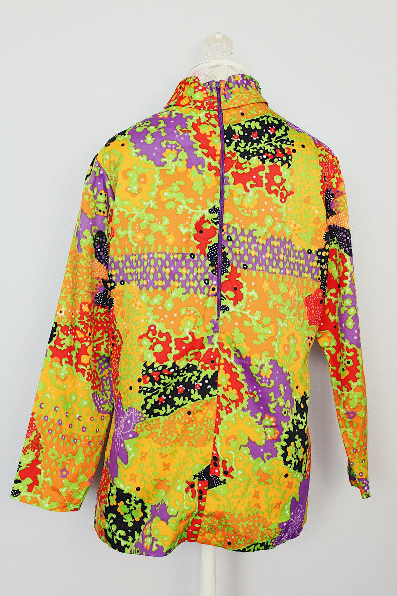 long sleeve abstract printed blouse with mock neck vintage 1970's polyester 