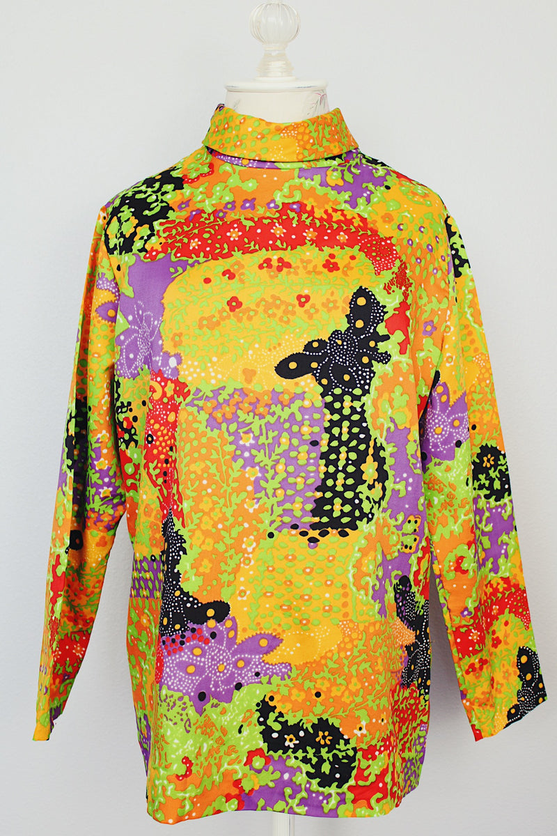 long sleeve abstract printed blouse with mock neck vintage 1970's polyester 