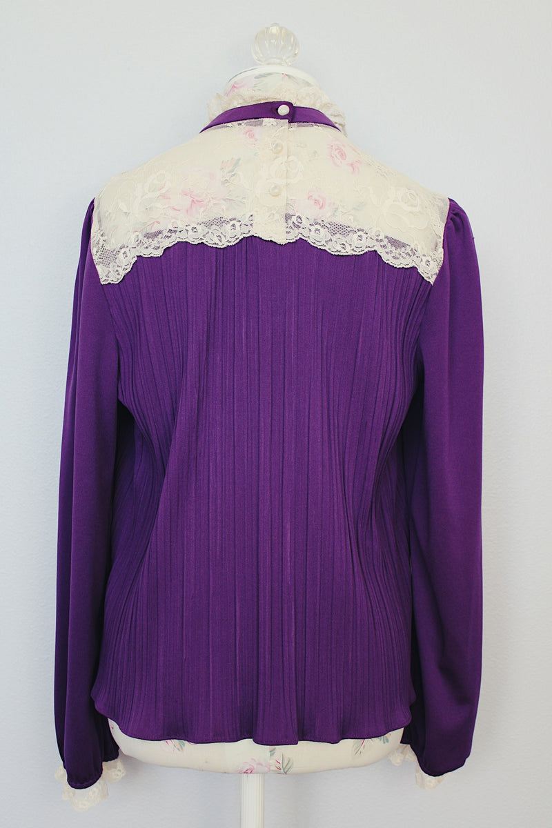 long sleeve purple blouse with pleats and cream lace trim vintage 1970's