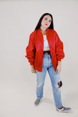 long sleeve red satin bomber jacket vintage 1980's