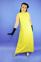 floor length sleeveless yellow evening dress with beaded neckline vintage 1960's