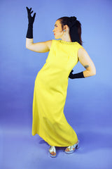 floor length sleeveless yellow evening dress with beaded neckline vintage 1960's
