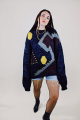 long sleeve navy and black acrylic knit pullover sweater with abstract graphic on front vintage 1980's