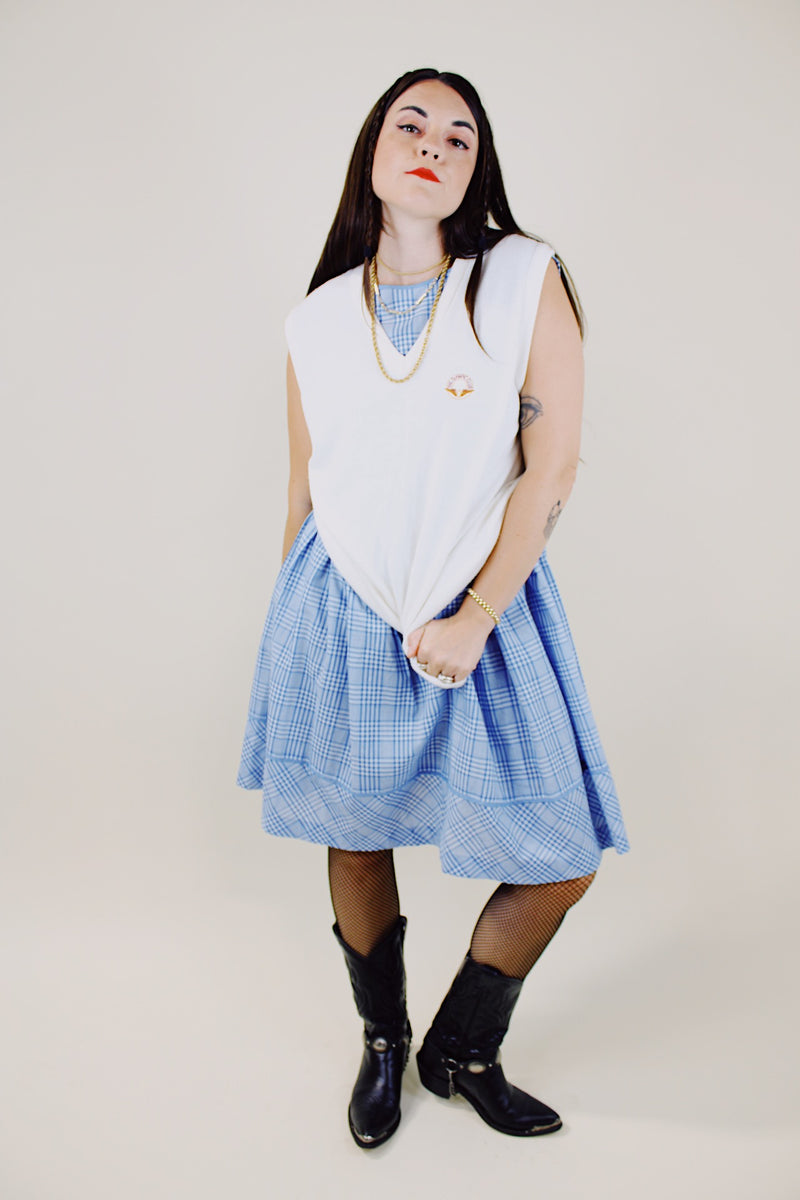 sleeveless cotton blue and white plaid dress knee length vintage 1960's