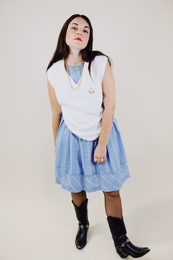 sleeveless cotton blue and white plaid dress knee length vintage 1960's