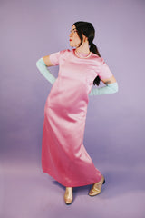 long length short sleeve pink satin evening dress with bow in the back vintage 1960's