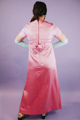long length short sleeve pink satin evening dress with bow in the back vintage 1960's