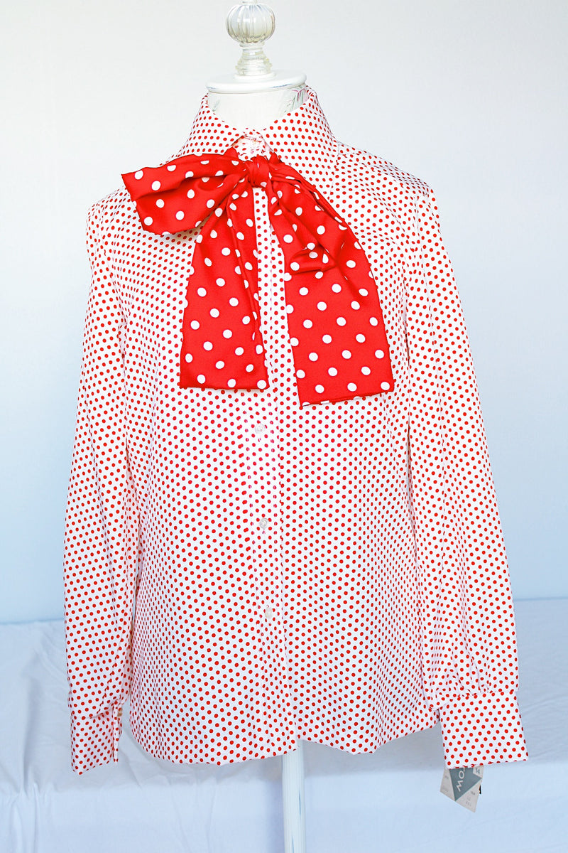 Women's vintage 1970's Lady Arrow label long sleeve white polyester button up blouse with red polka dots. Dagger collar and detachable adjustable tie neck.