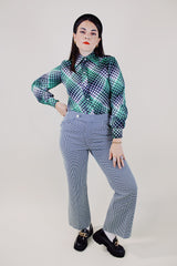 green and white houndstooth printed pants polyester vintage 1970's