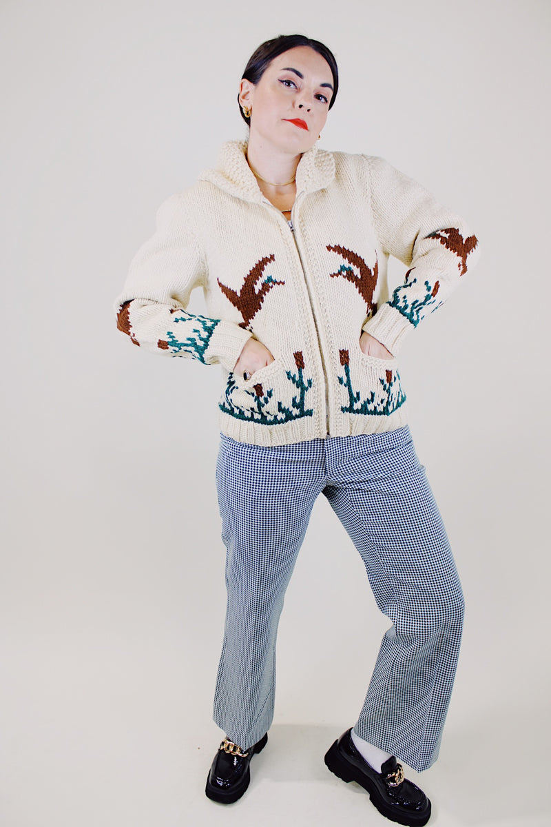 long sleeve cream zip up cowichan cardigan with geese and flower print vintage 
