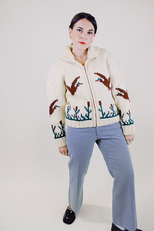 long sleeve cream zip up cowichan cardigan with geese and flower print vintage 