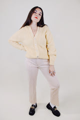 long sleeve light yellow ribbed button up cardigan vintage 1970's