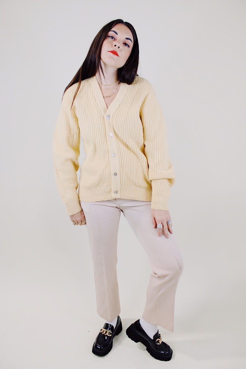 long sleeve light yellow ribbed button up cardigan vintage 1970's