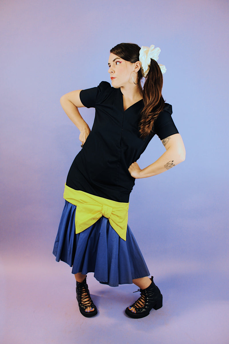 short sleeve drop waist ankle length vintage dress in cotton 1980's black with yellow bow and purple hem
