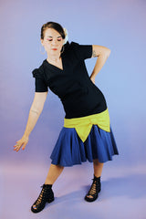 short sleeve drop waist ankle length vintage dress in cotton 1980's black with yellow bow and purple hem