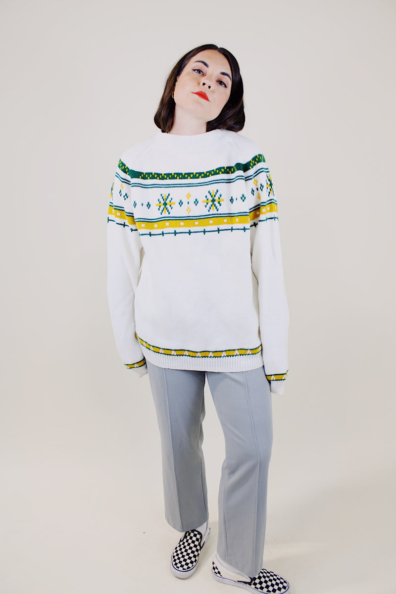 long sleeve white pullover sweater with yellow and green pattern vintage 1970's