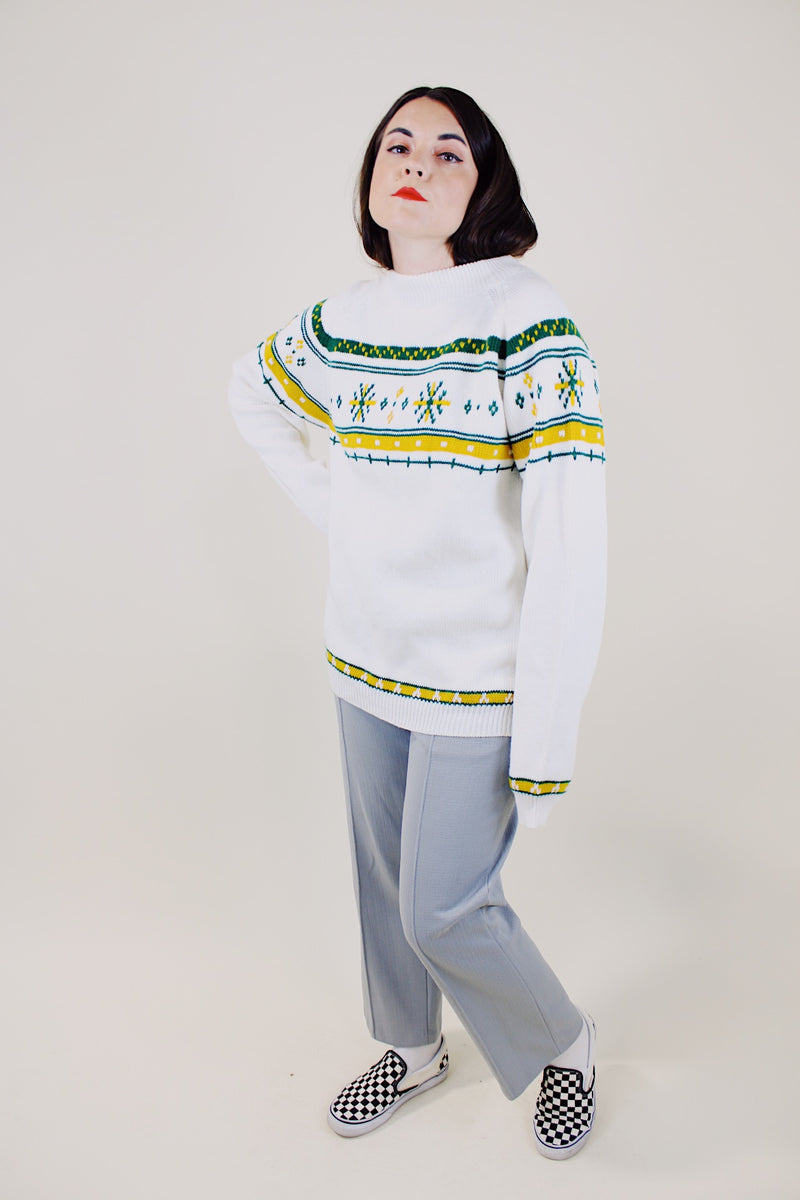 long sleeve white pullover sweater with yellow and green pattern vintage 1970's