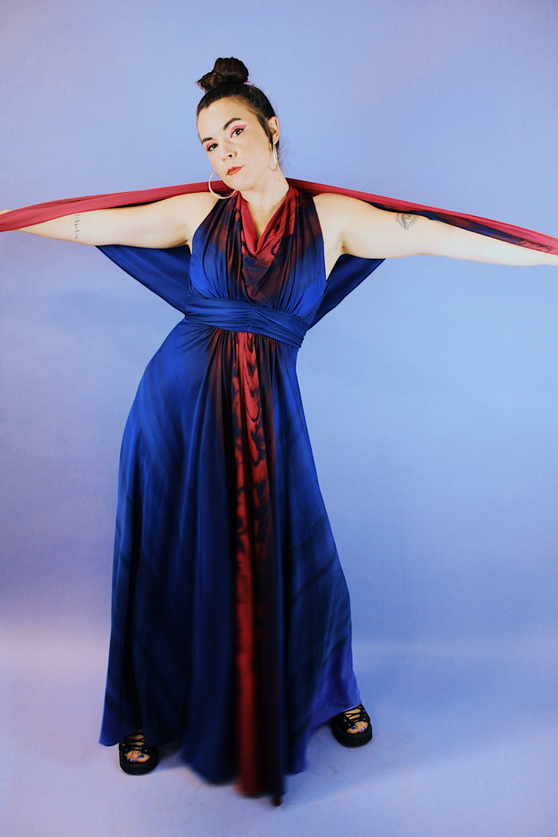 sleeveless floor length maxi dress with cowl neck, matching shawl in blue with red and purple water color print vintage 1980's