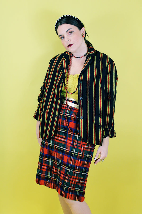 Women's vintage 1960's Sport Whirl label button up wool material blazer in black with yellow and red vertical stripes. 
