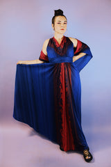 sleeveless floor length maxi dress with cowl neck, matching shawl in blue with red and purple water color print vintage 1980's