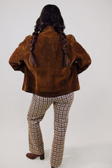 long sleeve chocolate brown suede jacket with popper buttons and a pointy collar vintage 1970's