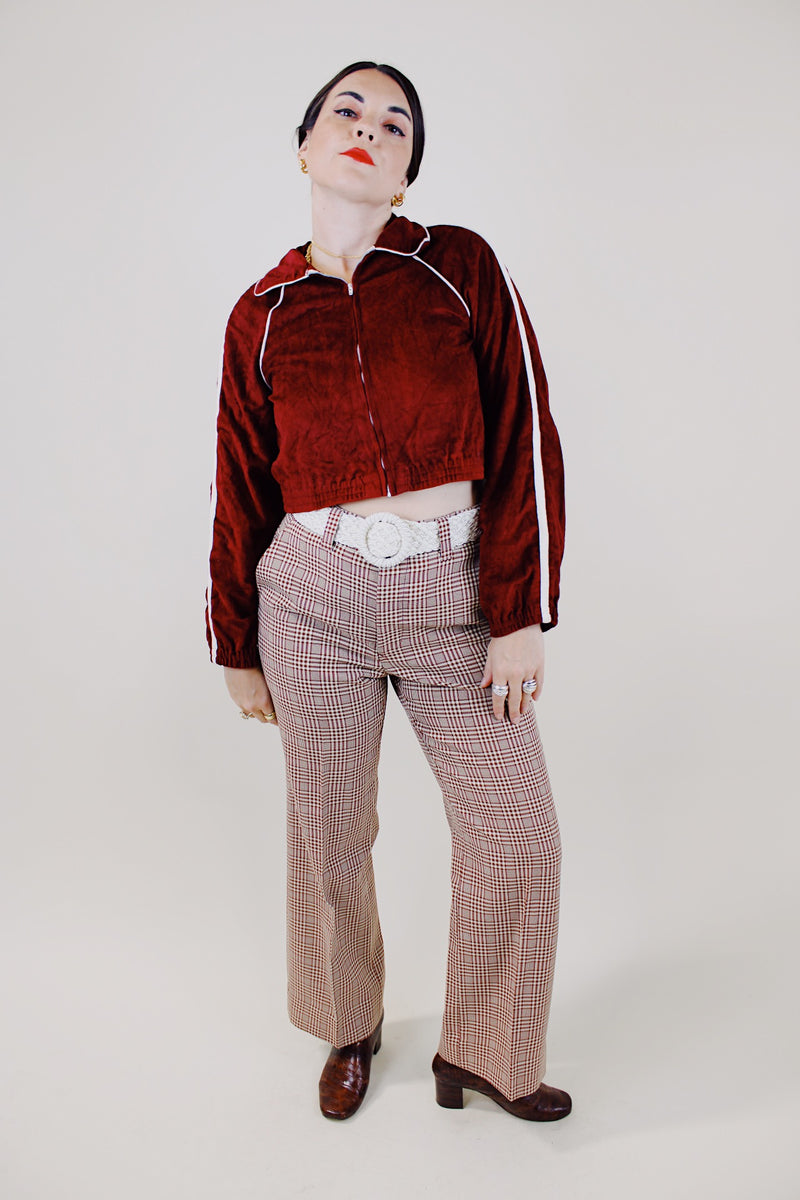 maroon and cream plaid print polyester pants vintage 1960's