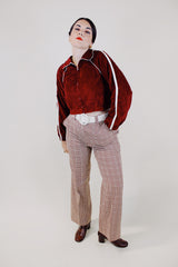 maroon and cream plaid print polyester pants vintage 1960's
