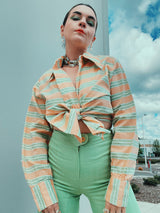 long sleeve button up shirt in pastel green and orange stripes