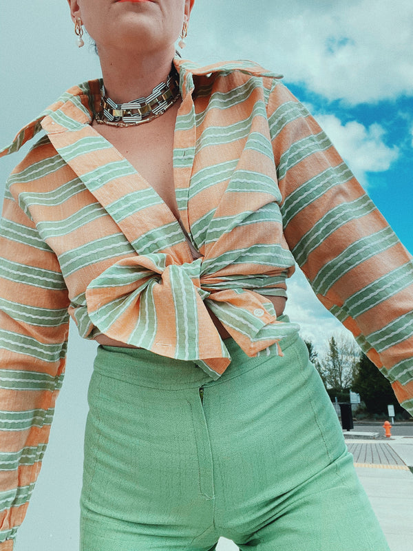 long sleeve button up shirt in pastel green and orange stripes
