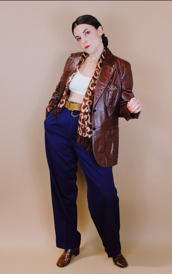 1970's maroon brown leather blazer two button closure vintage