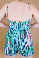 striped vintage swimsuit romper in cotton blue and pink color 1960's