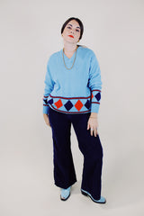long sleeve blue pullover sweater with navy and red diamond print vintage 1970's