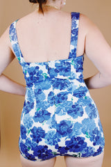 white and blue floral printed vintage 1950's swimsuit with skirt over bottoms one piece 