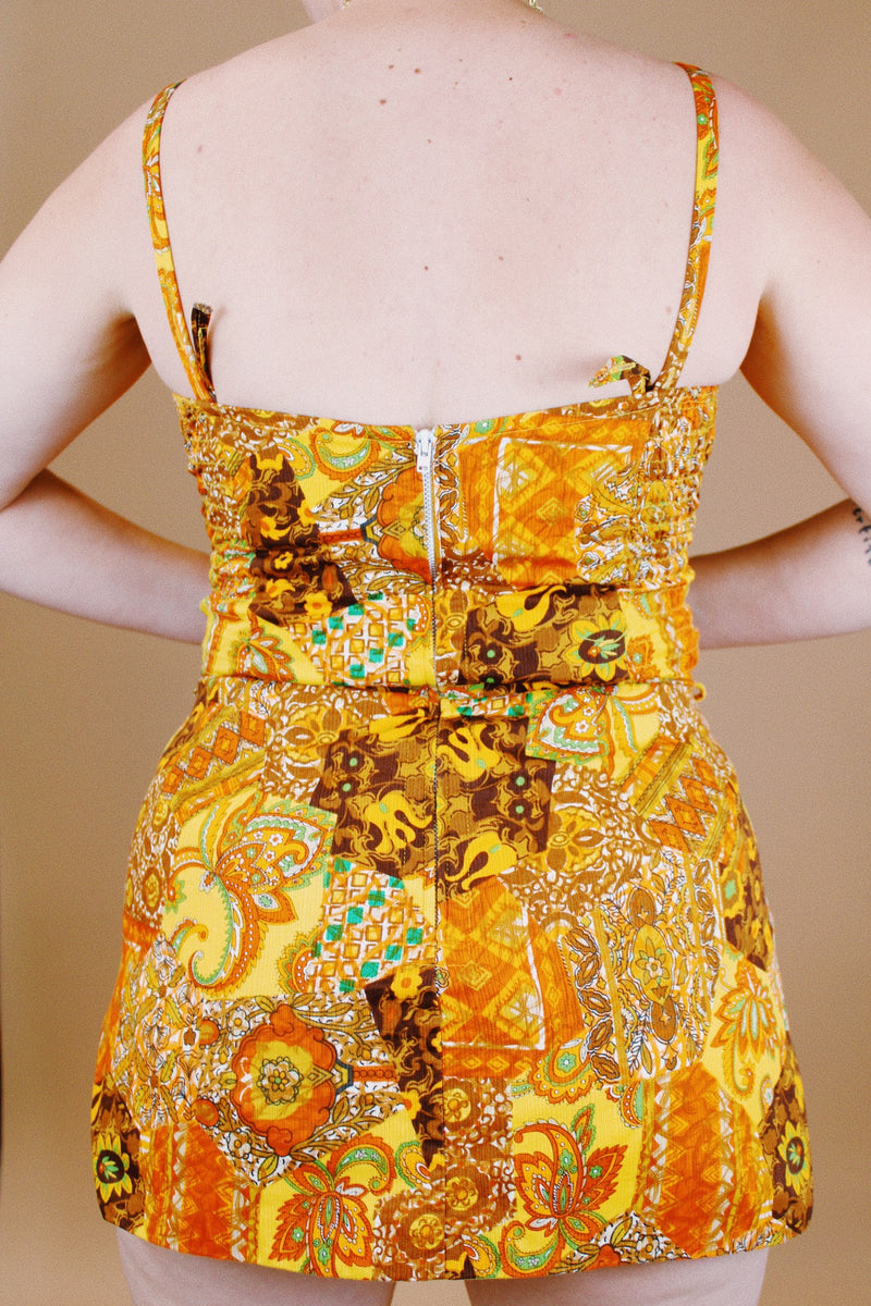 sleeveless paisley printed vintage swimsuit top in cotton and orange and yellow colors 1960's