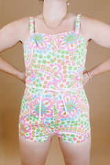 floral printed 1960's vintage swimsuit romper with tie belt cotton