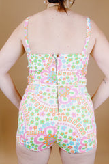 floral printed 1960's vintage swimsuit romper with tie belt cotton