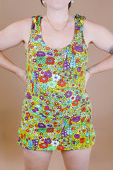 multi colored floral printed swimsuit top vintage 1970's adjustable straps