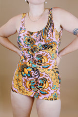 paisley printed vintage 1970's one piece swimsuit with skirt in front