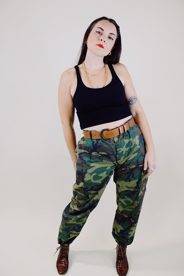 green camo print us military pants with pockets and adjustable waist and ankles vintage 