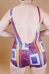 abstract print vintage 1950's one piece swimsuit purple and reds nylon material