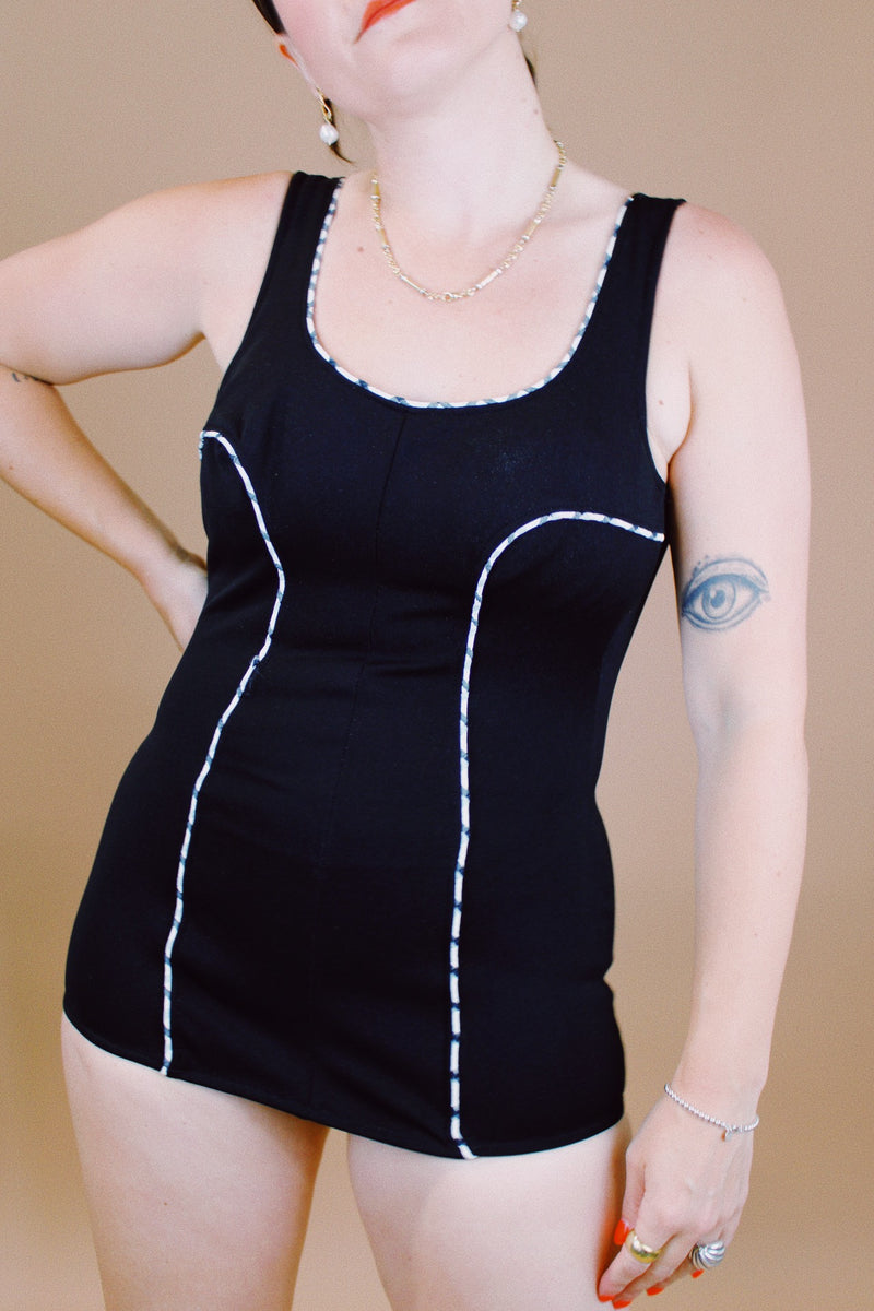 black one piece swimsuit with black and white gingham trim vintage 1960's 