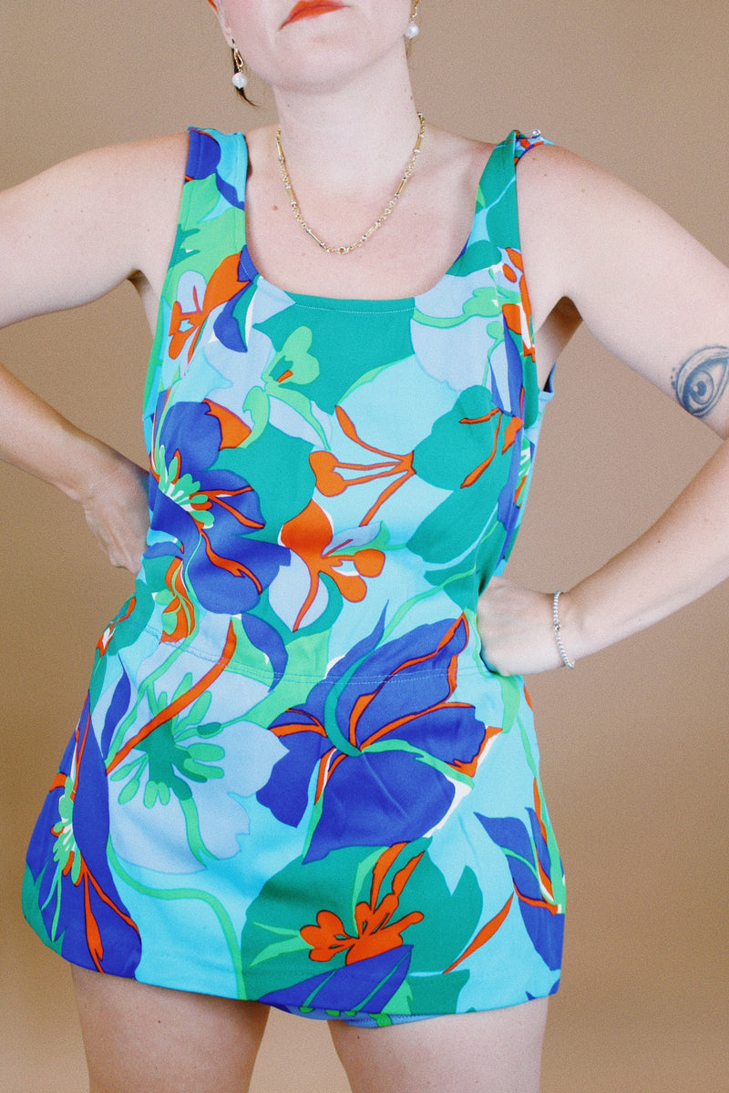blue and green floral tropical print vintage 1960's one piece swimsuit with skirt