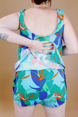 blue and green floral tropical print vintage 1960's one piece swimsuit with skirt