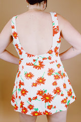 vintage 1960's one piece swimsuit white with red floral print skirt in front and back 
