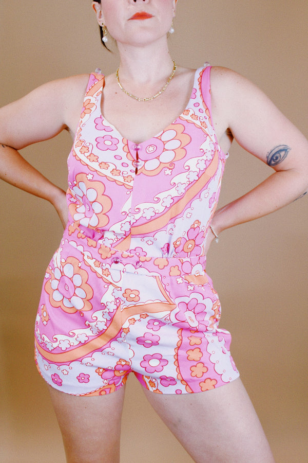 sleeveless vintage 1960's floral printed romper swimsuit pink and orange colors