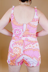 sleeveless vintage 1960's floral printed romper swimsuit pink and orange colors